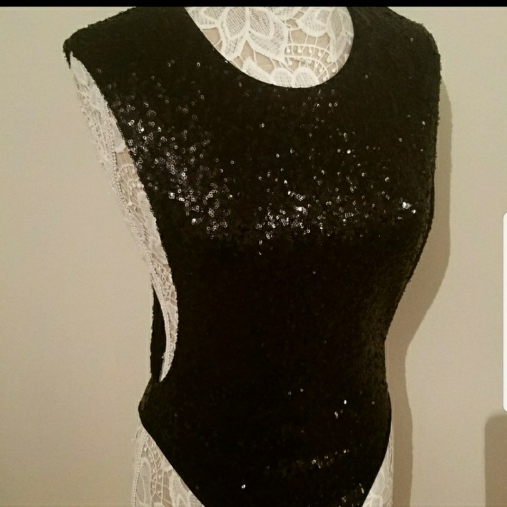 Black Sequin Bodysuit Top Sexy BcBg Rehab